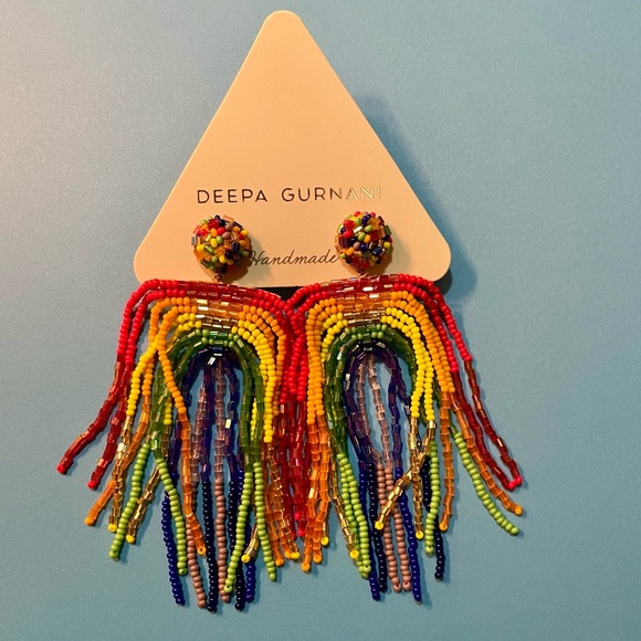 Rainbow Statement Earrings Deepa Gurnani Anthropologie Beaded Fringe - Picture 3 of 16